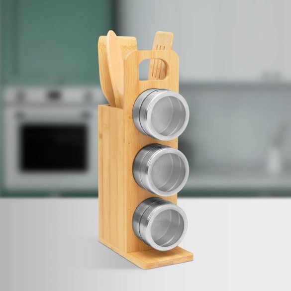 Suport magnetic pentru condimente - set de ustensile din bambus (7 piese - 80 x 135 x 275 mm)