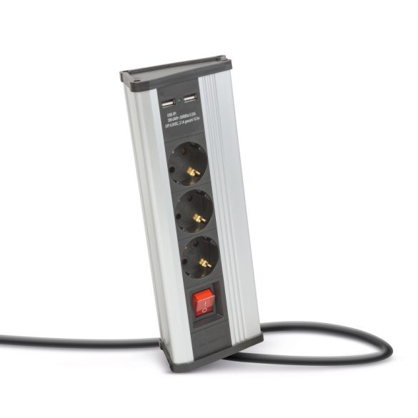 Delight Distribuitor colțar - cu întrerupător - 3 x 250V, 16A - 2 x USB, 2,1A - carcasă din aluminiu