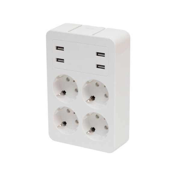 Home NV 4 USB tavă distribuitor USB, 4 prize cu împământare, 4 prize USB total 2,4A, ștecăr rotativ, max.3680W
