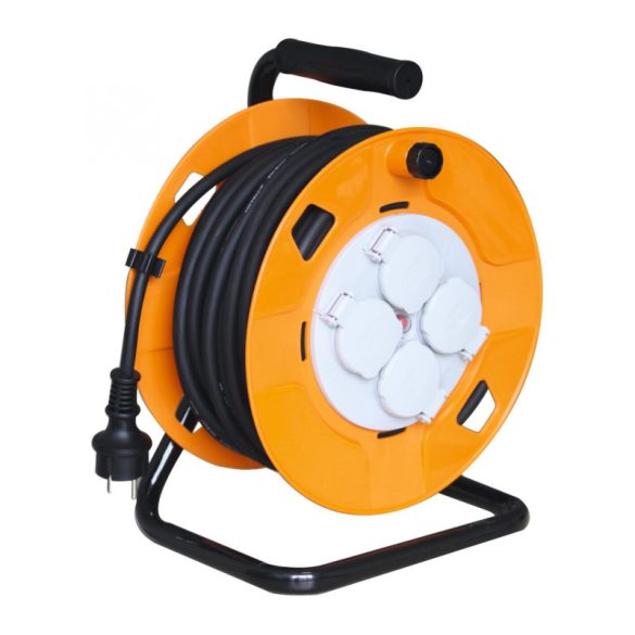 Tambur cablu Home HJR 10-25/2,5, 25 m, bază metalică, IP44, cablu de cauciuc H05RR-F 3G 2,5 mm2, max. 3600 W, 4 prize cu capac de protecție, împământare
