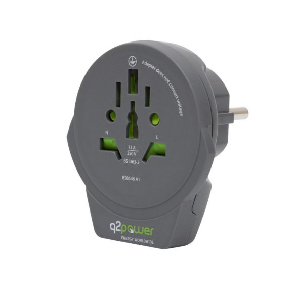 q2power 1.100110-TH adaptor de călătorie, World to Europe USB, USB 5V 2.4A, max. 16 A, 250 V - 4000 W putere