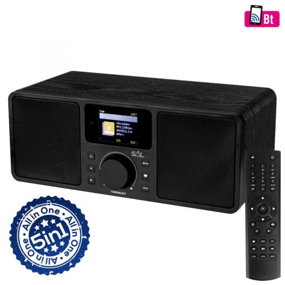 SAL INR 5000/BK radio de internet, 5 în 1, 2x5 W, Bass reflex, radio mondial, FM RDS, BT, AUX, Centru Media bibliotecă de muzică, EQ