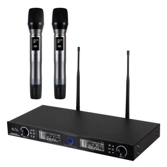 SAL MVN 910 set microfon wireless, reducere digitală a zgomotului, 2x100 canale, ~140 m rază de acțiune, bandă de frecvență UHF, compatibil rack
