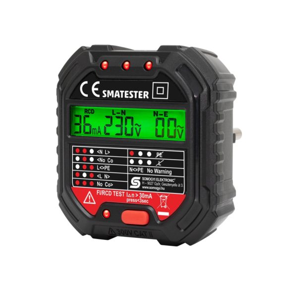 Home SMATESTER tester priză, indicatori LED, Voltmetru, L-N, N-E, RCD mA, verificator releu Fi și RCD, funcționează fără baterii, pentru prize max. 250 V~