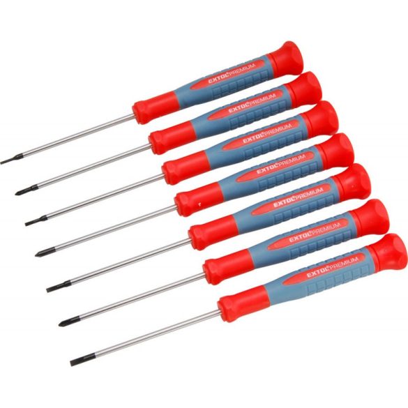 EXTOL PREMIUM set șurubelnițe cu ceas, 7 buc, Cr.V. magnetice, 75 mm lungime, plate: 1,5-3 mm, stea: PH00-PH1, HRC 51-54, blister