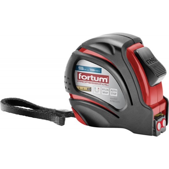 Bandă de măsurare FORTUM, 1 opritor, carcasă din plastic ABS, cauciucată; bandă de 5m×19mm cu strat de nailon, capăt magnetic FORTUM