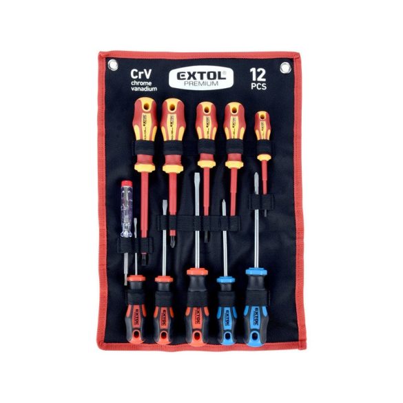 EXTOL PREMIUM set șurubelnițe izolate 1000V+neizolate, 6+5 buc; cu detector de tensiune, suport plastic+husă nylon