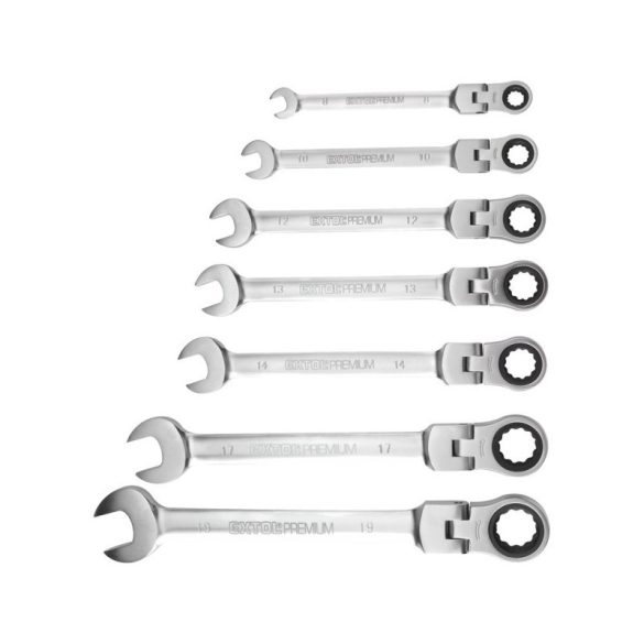 EXTOL PREMIUM set de chei combinate cu clichet și articulație, 7 buc; 8-10-12-13-14-17-19mm CrV, 72 dinți, rotație unidirecțională