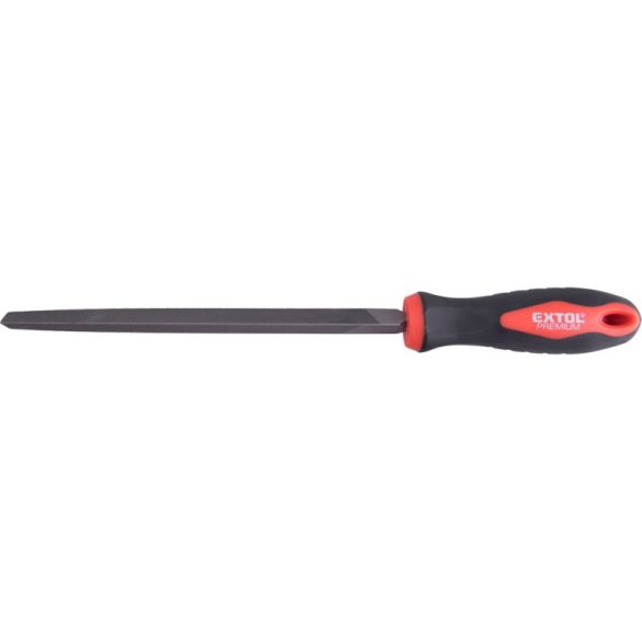 EXTOL PREMIUM pilă metalică 200mm triunghiulară, oțel T12, tăietură 2, fină, mâner din plastic cu cauciuc TPR