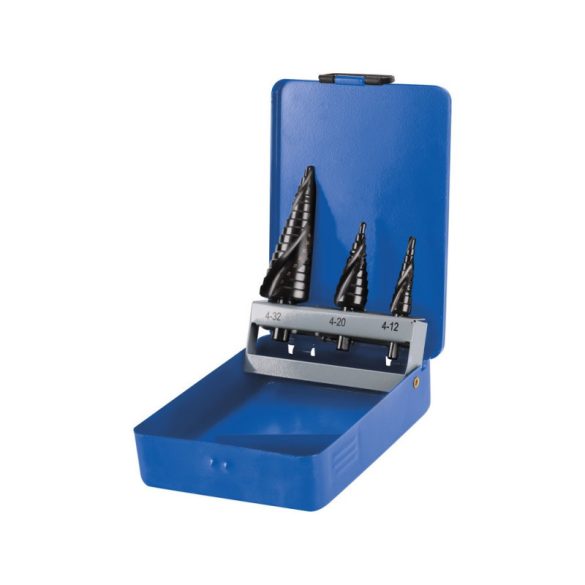 EXTOL CRAFT set burghiu trepte metal 3 buc.; (4-12mm/1mm trepte, 4-20mm/2mm, 4-32mm/2mm) prindere: 10mm, pentru materiale max. 4mm grosime, spirală
