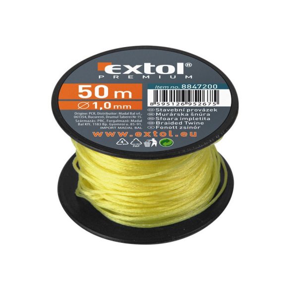 EXTOL PREMIUM sfoară de zidărie, răsucită; PE, 1,7mm×50m, galbenă, pe tambur