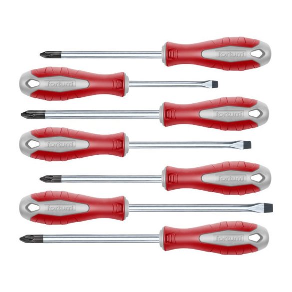 Set șurubelnițe FORTUM, 7 buc.; plate: 3×75, 5×100, 6×125mm, PH1×100, PH2×125, PZ1×100, PZ2×125, CV. magnetice, cutie de carton