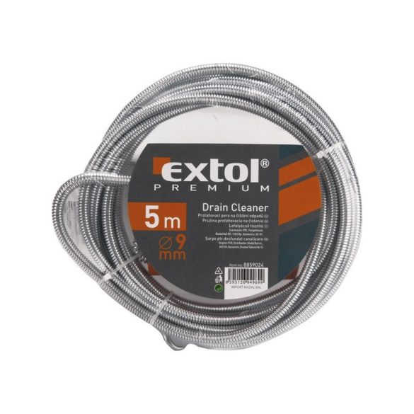 EXTOL PREMIUM curățător de țevi de scurgere, 10m, diametru 9mm, cu manivelă manuală, cu cârlig de curățare (învârtit din sârmă de 1,9mm)