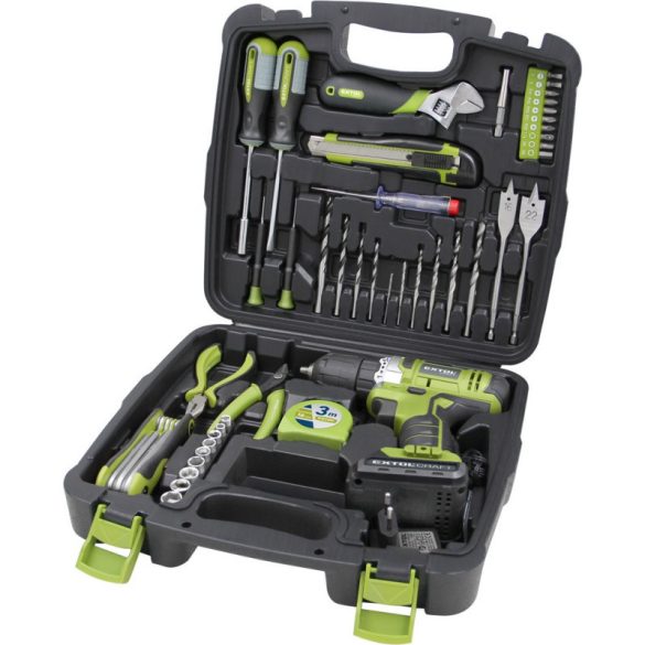 EXTOL CRAFT Mașină de găurit/înșurubat fără fir, 12V, Li-ion, 1 baterie 1300 mAh + set de scule 46 buc