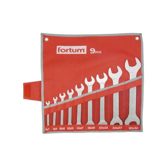 Set chei pentru furcă FORTUM 9 bucăți 6-32mm, 61CrV5, crom mat; 6×7, 8×9, 10×11, 12×13, 14×17, 18×19, 20×22, 24×27, 30×32mm, cutie din pânză