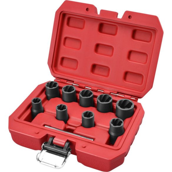 EXTOL PREMIUM extractor șuruburi TWIST; prindere 3/8', 9 capete: 10, 11, 12, 13, 14, 15, 16, 17, 19mm, 1 tijă de batere, CrMo, plastic