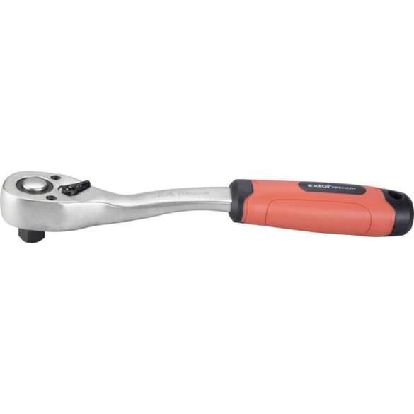 EXTOL PREMIUM clichetă, CV, 45 dinți, tijă curbată, mâner antiderapant TPR; 1/2', 253 mm