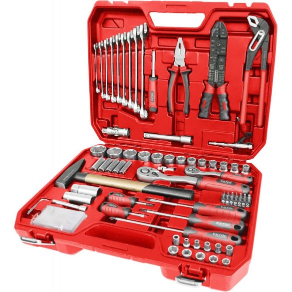 EXTOL PREMIUM set de scule și chei tubulare, 100 buc; clichet 1/4' și 1/2' (45 dinți), cheie combinată, șurubelniță, clești