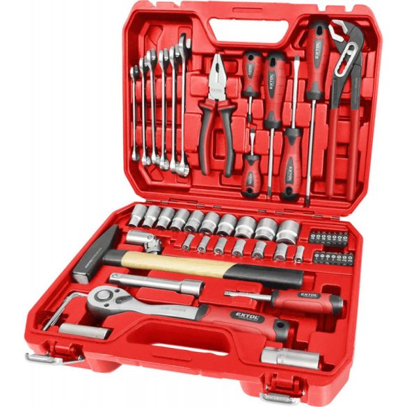 EXTOL PREMIUM set de scule și chei tubulare, 55 piese; mâner cu clichet 1/2' (45 dinți), capete tubulare, biți, șurubelnițe, chei combinate