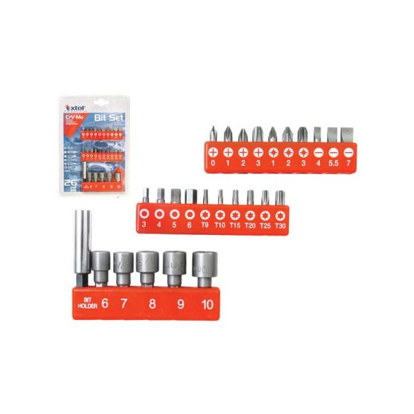 EXTOL PREMIUM bit klt. 26pcs CV.-Mo ; PH, PZ, plat, torx, hexagonal, suport magnetic de biți, chei tubulare
