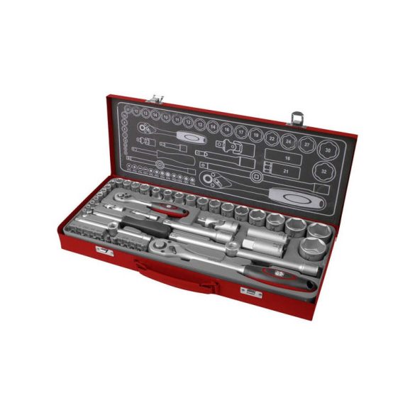 Set chei tubulare FORTUM 1/2', 1/4', 50 buc, 61CrV5; crom mat FORTUM