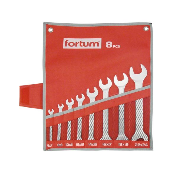 Set de chei FORTUM 8 bucăți 6-24mm, 61CrV5, crom mat; 6×7, 8×9, 10×11, 12×13, 14×15, 16×17, 18×19, 22×24mm, cutie din pânză FORTUM