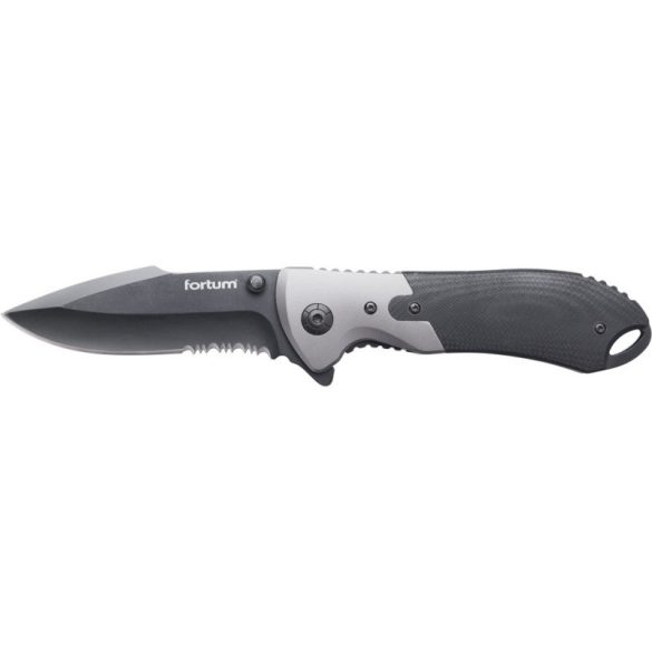 Cuțit de buzunar FORTUM, oțel inoxidabil cu lamă neagră, lungime totală / pliată: 207/120mm, mâner ALU / de lucru, clip de centură, cu fermoar