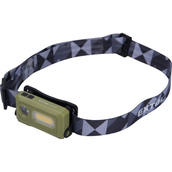 EXTOL LIGHT lanternă frontală LED, SMD+COB, 140 Lumen; cu acumulator reîncărcabil, 8 funcții, rezistentă la stropire IPX4