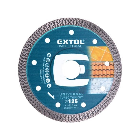 EXTOL INDUSTRIAL disc diamantat, industrial, TURBO, tăiere rapidă și subțire: grosime 2,0 mm; 230×22,2mm, pentru tăiere uscată și umedă