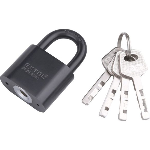 EXTOL PREMIUM lacăt, fier, negru, 4 chei; 30mm, suport din oțel călit, diametrul tijei: 5 mm