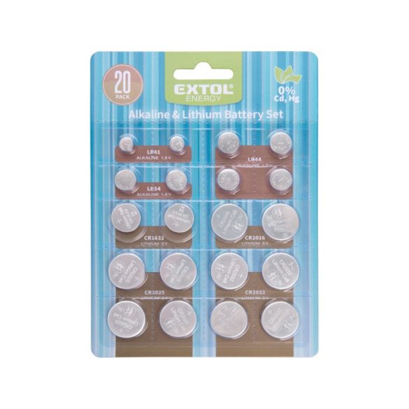 EXTOL ENERGY set baterii 20 buc, Litiu 3V și alcaline 1,5V; durată lungă de viață, blister