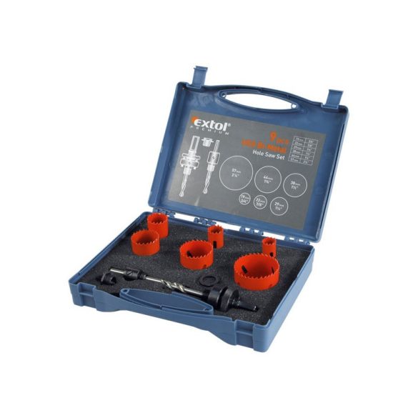 EXTOL PREMIUM set carote, HSS Bi-metal, 9 buc., (19-22-29-38-44-57mm) plastic, lemn, gips-carton, aluminiu, cupru, fier, oțel, inox