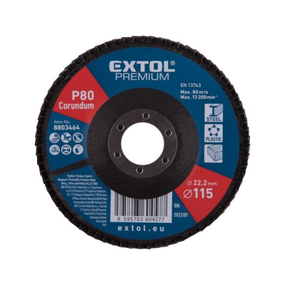 EXTOL PREMIUM disc lamelar pentru șlefuirea oțelului, aluminiului, plasticului și lemnului, 115×22mm; P120, conic, max.:13.200 rpm, E