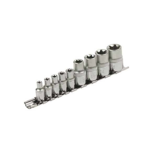 EXTOL PREMIUM set de capete, E-TORX; 1/4'×5buc (E5-E6-E7-E8-E10), 1/2'×4buc, (E12-E14-E16-E18), pe șină de susținere