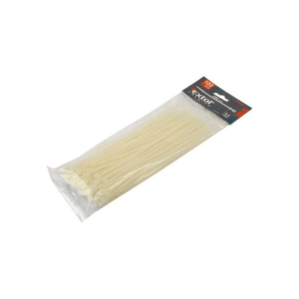 EXTOL PREMIUM coliere de cablu 4,8×380mm 100 buc, nylon alb; rezistent la UV, acizi și alcali.