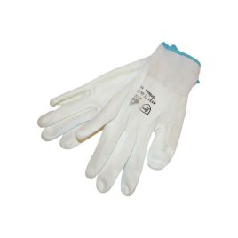   Mănușă tricotată albă din nailon, mărime XL, palmă și vârfuri degete înmuiate în poliuretan, manșetă elastică