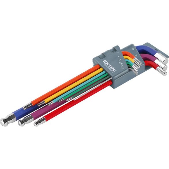 EXTOL PREMIUM set chei imbus, 9 bucăți, multicolor, extra lungi; cap sferic, 9 bucăți 1,5-10mm, CV., 90-230mm