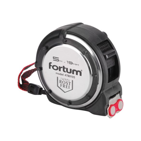 Bandă metrică FORTUM, 1 stop, rezistentă la șocuri, carcasă din oțel inoxidabil, cauciucată; bandă acoperită cu nailon 5m×19mm, capăt magnetic FORTUM