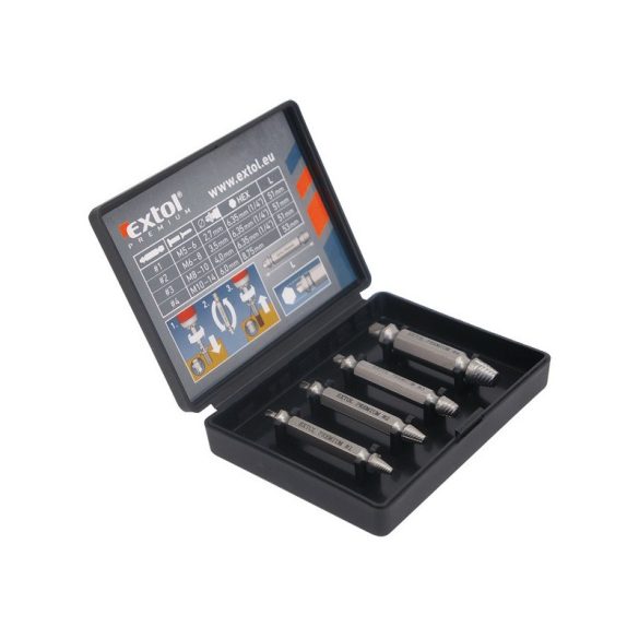 EXTOL PREMIUM set extractor șuruburi rupte 4buc (2,7-3,5-4,0-6,0 mm)×51mm, HSS