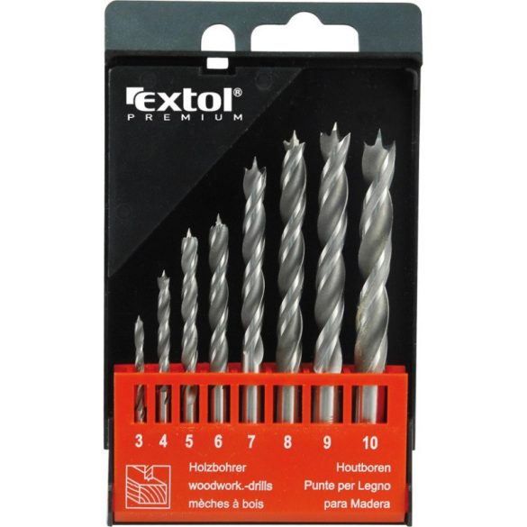EXTOL PREMIUM set burghie lemn 8 buc, scurte, 3-4-5-6-7-8-9-10mm, Cr.V., prindere normală; în cutie de plastic
