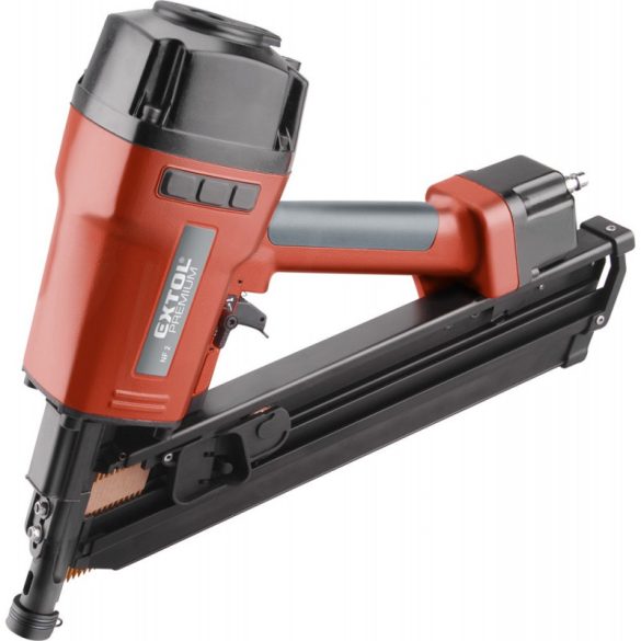 EXTOL PREMIUM pistol pneumatic pentru cuie în bandă, presiune de lucru: 4,9-8 Bar, conector: 1/4', 90 cuie/min, 153l/min