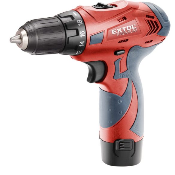 EXTOL PRMIUM mașină de găurit/înșurubat fără fir, 12V, Li-ion, 1 acumulator, 1 încărcător, 1300 mAh; 21Nm