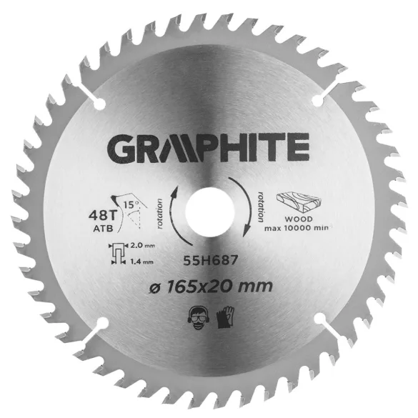 Lamă de ferăstrău circular pentru ferăstrău de imersie GRAPHITE, din carbură, 165x20mm, 48 de dinți 55H687