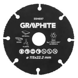   GRAPHITE Disc de tăiere, pentru lemn și plastic, carbură de tungsten, 115x22.2mm 55H697