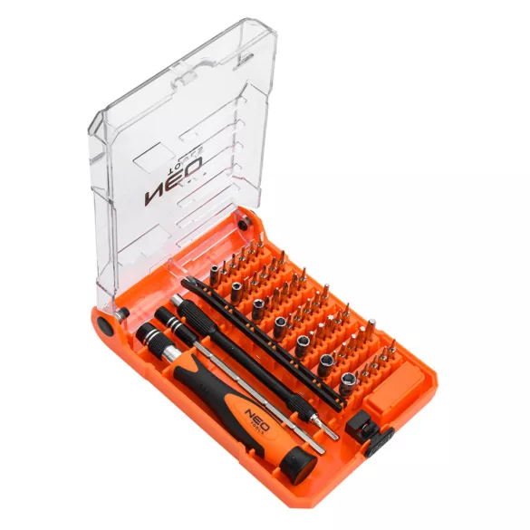 Set de șurubelnițe de precizie pentru mecanici NEO TOOLS, cu biți, mâner și tije de prelungire, 45 buc. 06-111-1