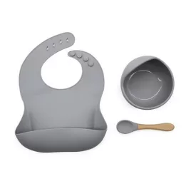   Set de masă din silicon pentru bebeluși, bavetă reglabilă și farfurie cu ventuză și linguriță