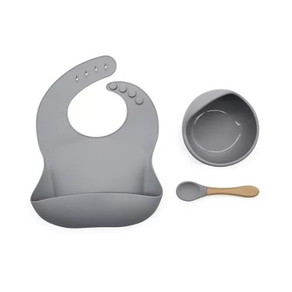 Set de masă din silicon pentru bebeluși, bavetă reglabilă și farfurie cu ventuză și linguriță