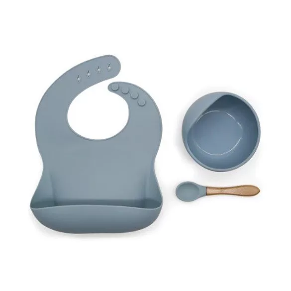 Set de masă din silicon pentru bebeluși, bavetă reglabilă și farfurie cu ventuză și linguriță
