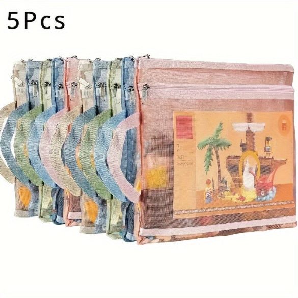 5 pungi colorate cu fermoar din plasă, organizator pentru depozitare joc puzzle din nailon dublu stratificat