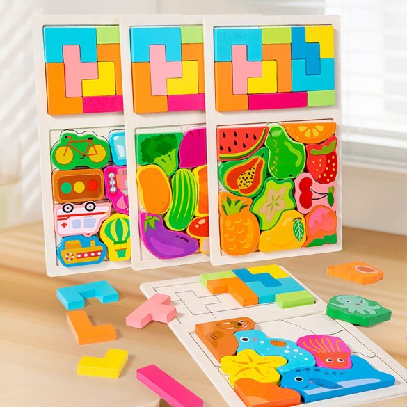 Puzzle 3D din Lemn Colorat - Joc Educațional pentru Copii, Dezvoltă Inteligența și Creativitatea